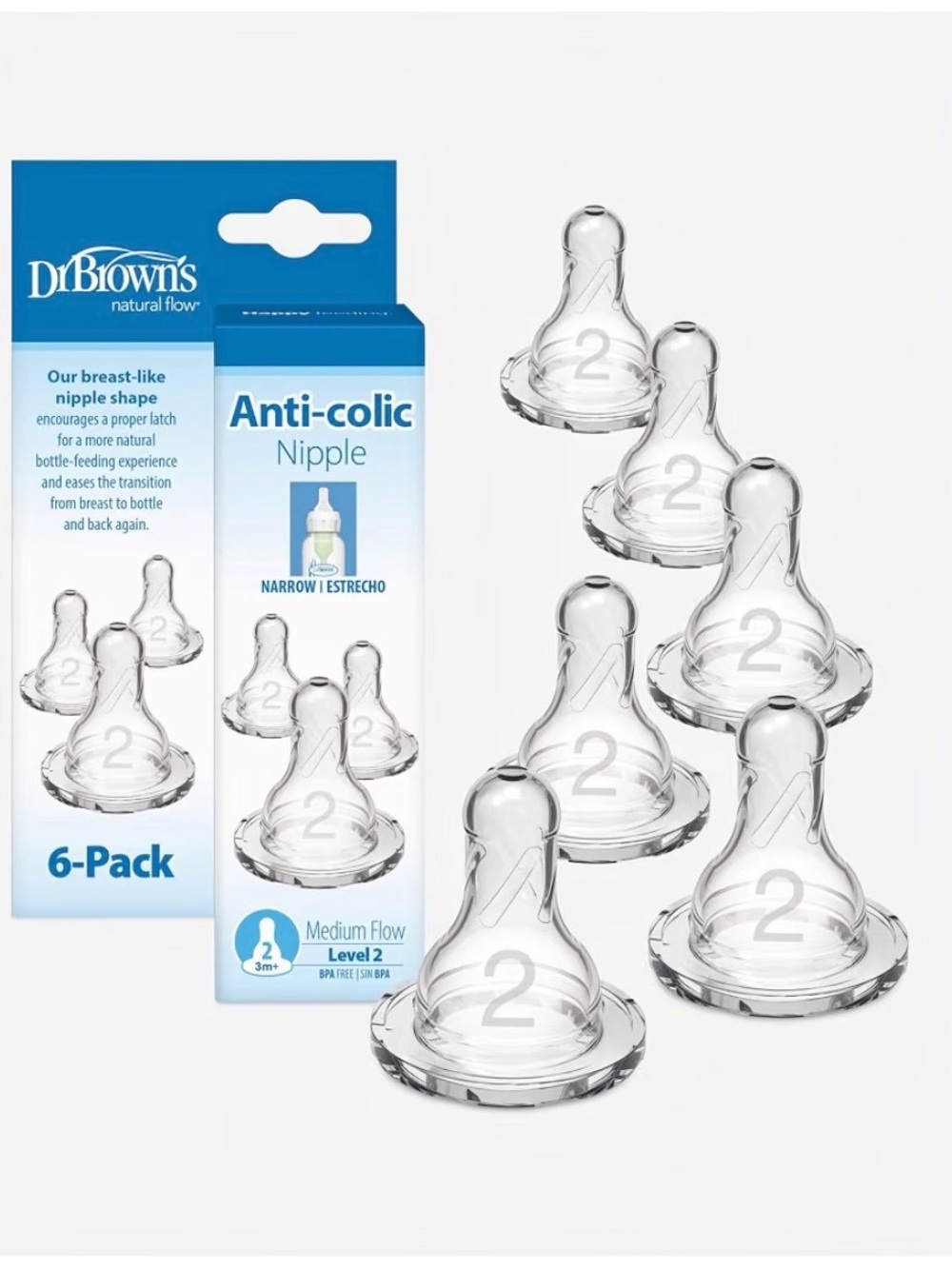 Anti-Colic Level 2 Clear Nipple 6-Pack - Medium Flow